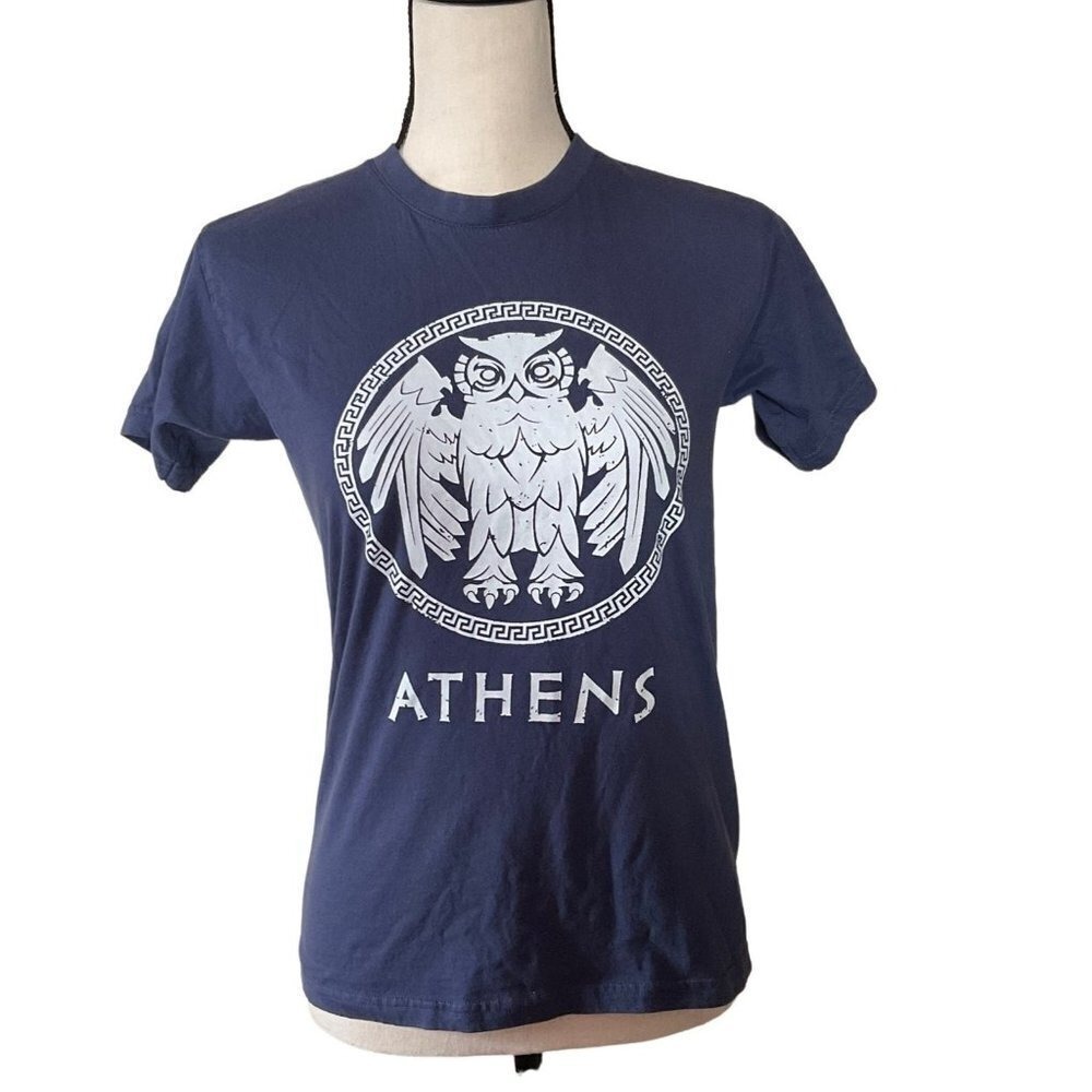 Athens Owl Graphic T Shirt Blue‎ Crew Neck Short Sleeve Top Small
